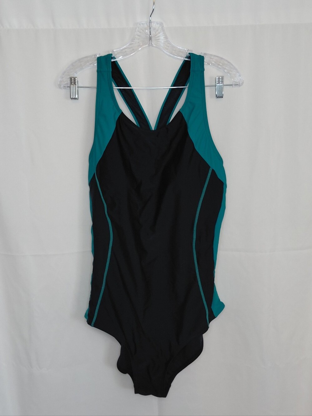Like New UPF 50 Black One-Piece Swimsuit with Teal Panels - Sporty V-Back